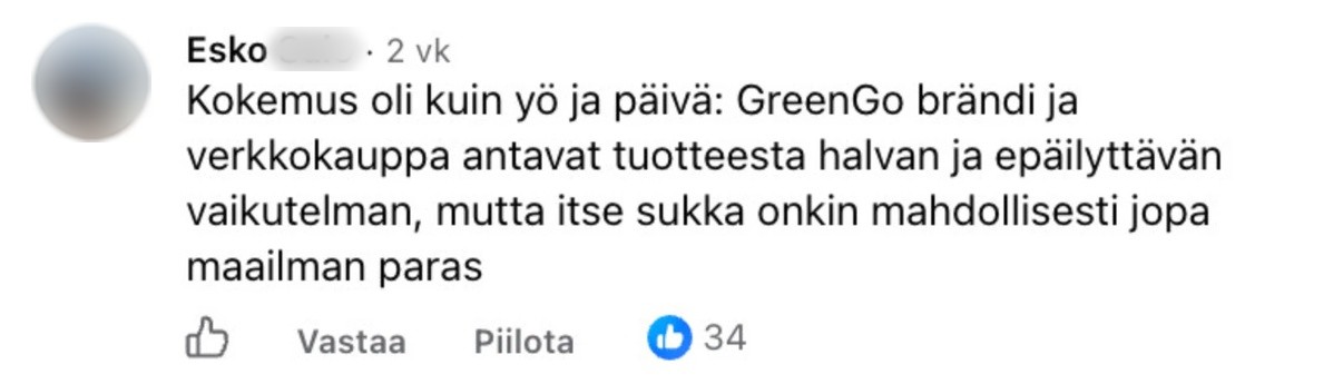 Asiakkaan Facebook-kommentti, sukunimi piilotettu