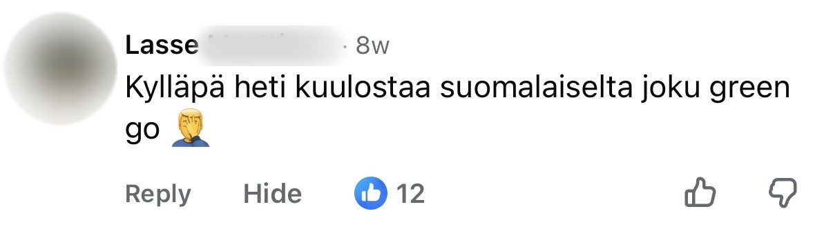 Asiakkaan Facebook-kommentti, sukunimi piilotettu
