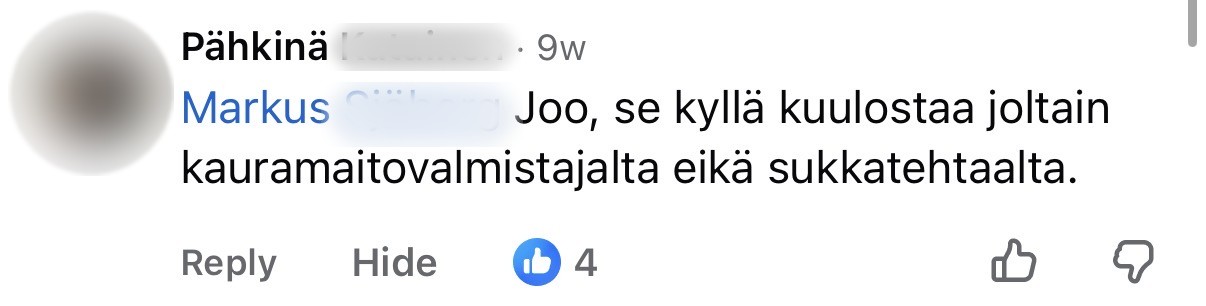 Asiakkaan Facebook-kommentti, sukunimi piilotettu