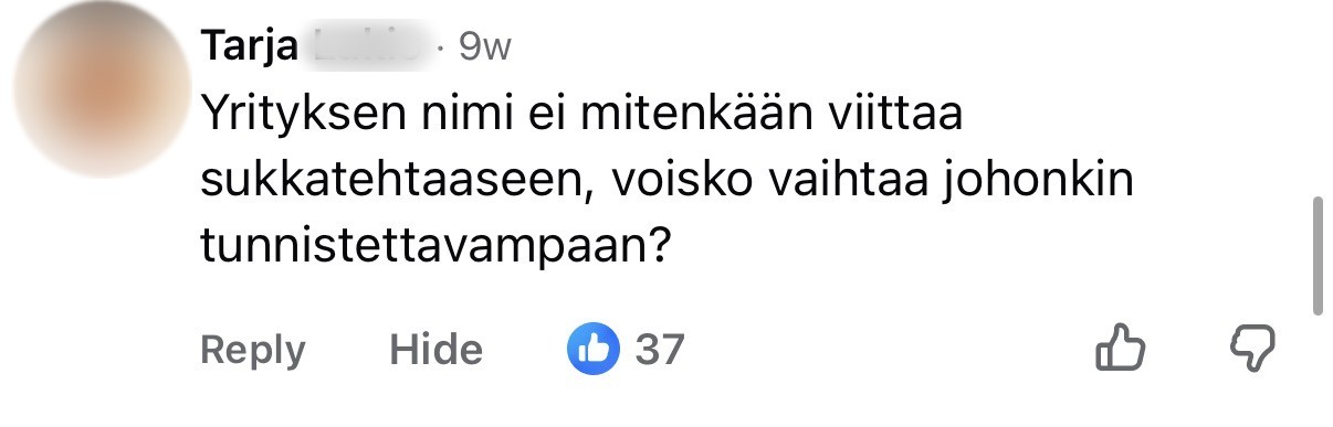 Asiakkaan Facebook-kommentti, sukunimi piilotettu
