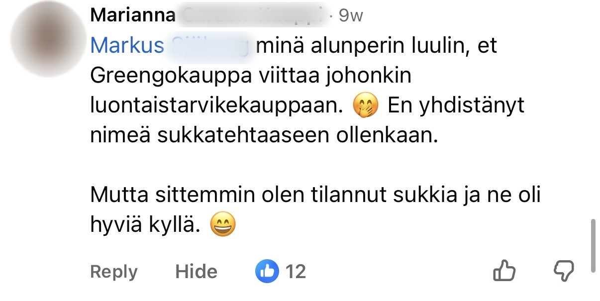 Asiakkaan Facebook-kommentti, sukunimi piilotettu