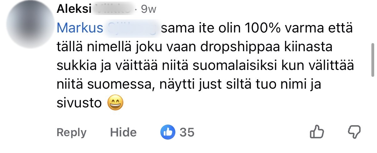 Asiakkaan Facebook-kommentti, sukunimi piilotettu