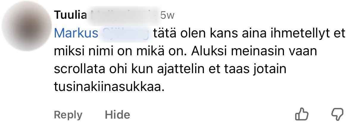 Asiakkaan Facebook-kommentti, sukunimi piilotettu