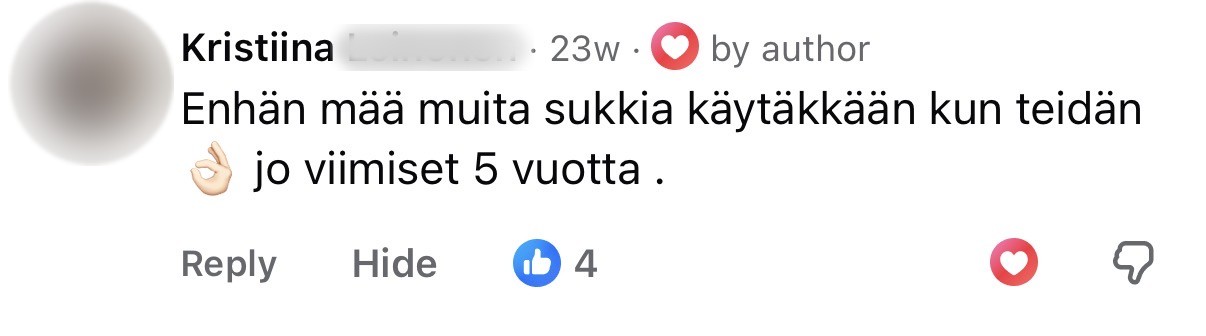 Asiakkaan Facebook-kommentti, sukunimi piilotettu