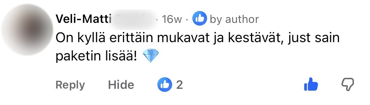 Asiakkaan Facebook-kommentti, sukunimi piilotettu