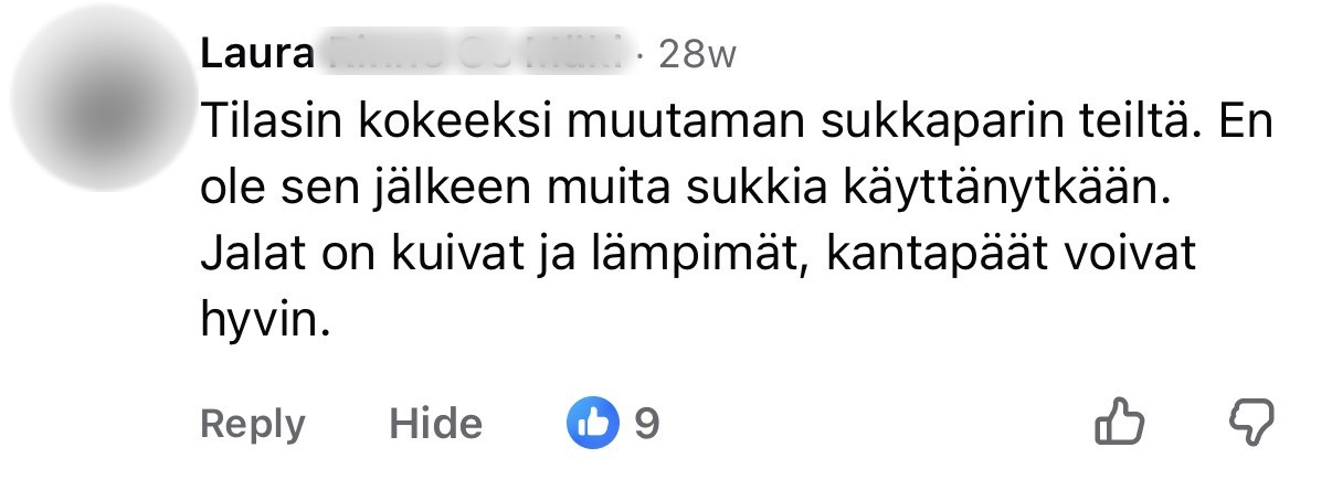 Asiakkaan Facebook-kommentti, sukunimi piilotettu