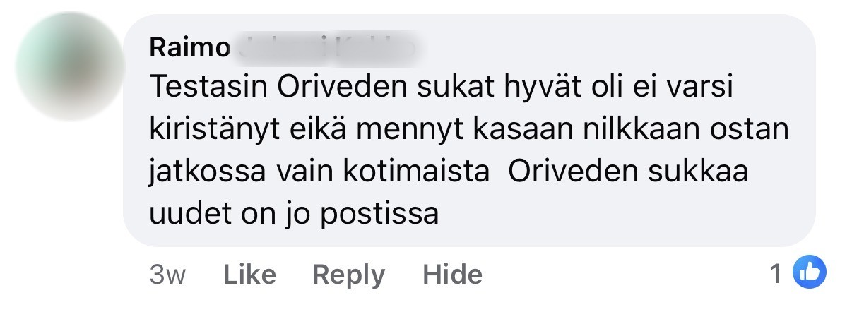 Asiakkaan Facebook-kommentti, sukunimi piilotettu