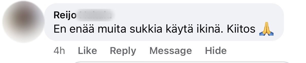 Asiakkaan Facebook-kommentti, sukunimi piilotettu