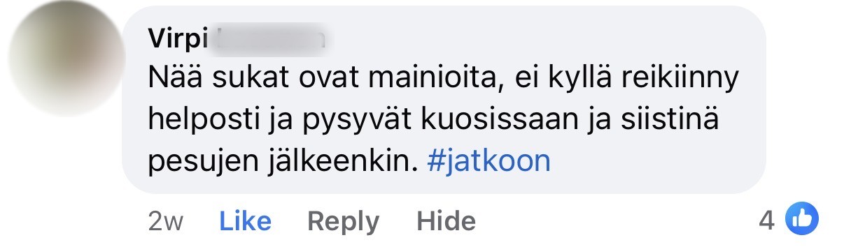 Asiakkaan Facebook-kommentti, sukunimi piilotettu