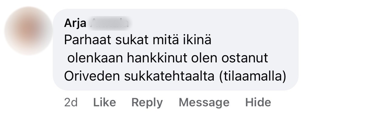 Asiakkaan Facebook-kommentti, sukunimi piilotettu