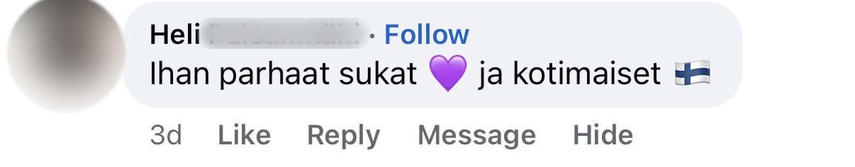 Asiakkaan Facebook-kommentti, sukunimi piilotettu
