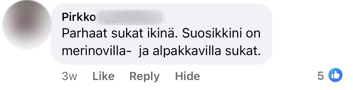 Asiakkaan Facebook-kommentti, sukunimi piilotettu