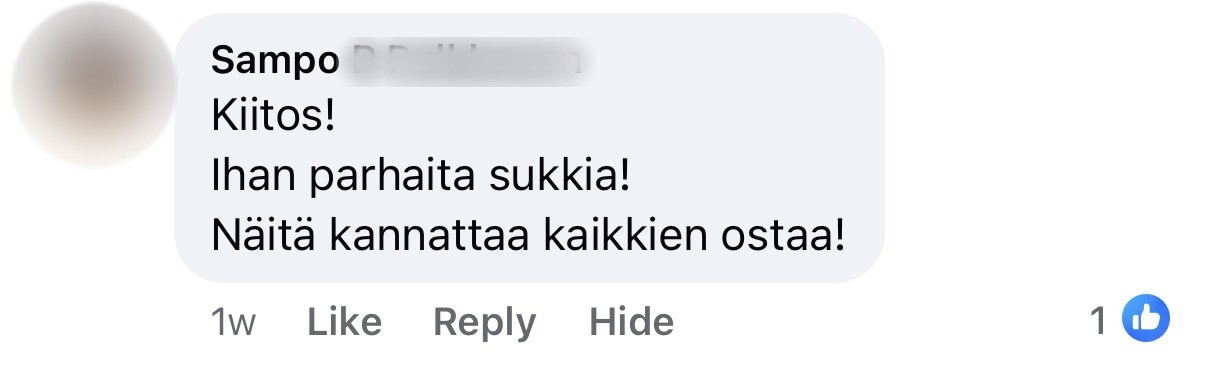 Asiakkaan Facebook-kommentti, sukunimi piilotettu