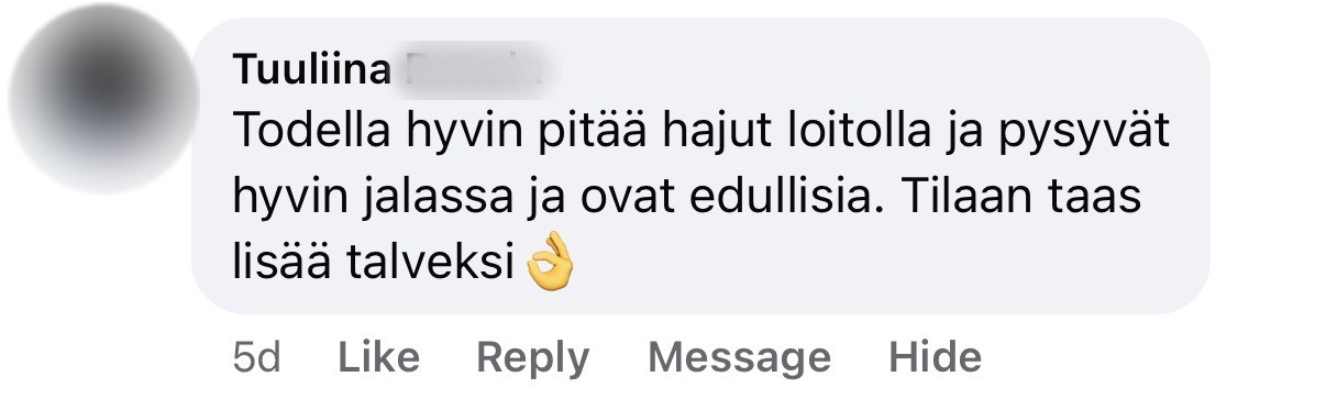 Asiakkaan Facebook-kommentti, sukunimi piilotettu