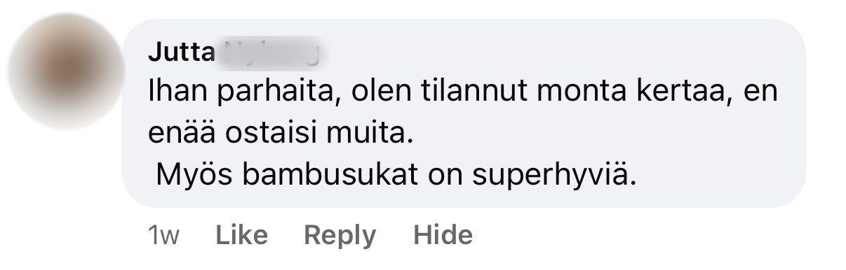Asiakkaan Facebook-kommentti, sukunimi piilotettu