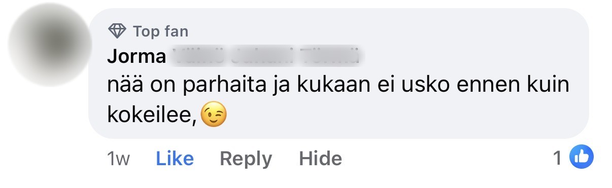 Asiakkaan Facebook-kommentti, sukunimi piilotettu