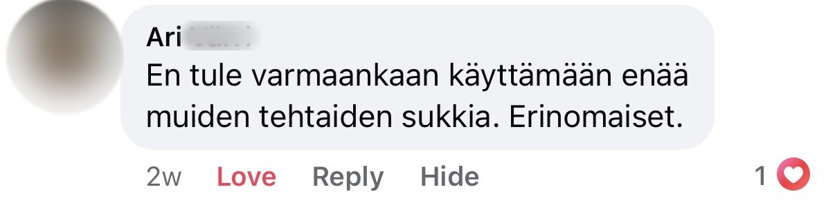 Asiakkaan Facebook-kommentti, sukunimi piilotettu