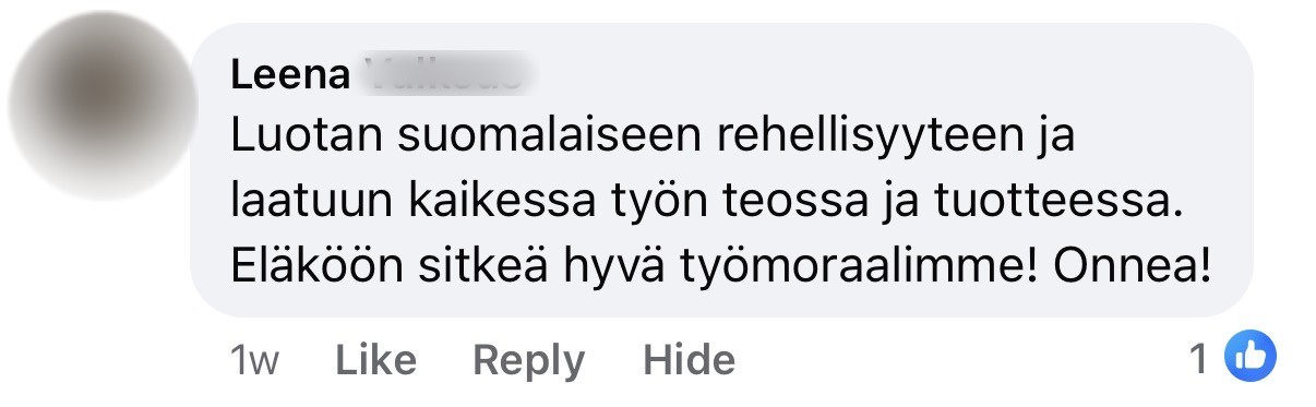 Asiakkaan Facebook-kommentti, sukunimi piilotettu