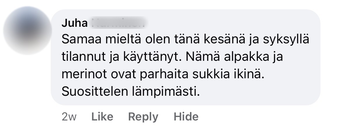 Asiakkaan Facebook-kommentti, sukunimi piilotettu