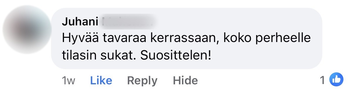 Asiakkaan Facebook-kommentti, sukunimi piilotettu