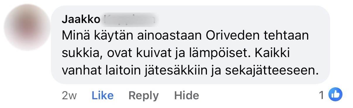 Asiakkaan Facebook-kommentti, sukunimi piilotettu