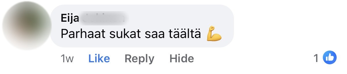 Asiakkaan Facebook-kommentti, sukunimi piilotettu