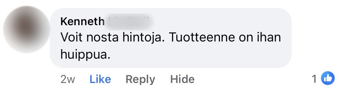 Asiakkaan Facebook-kommentti, sukunimi piilotettu