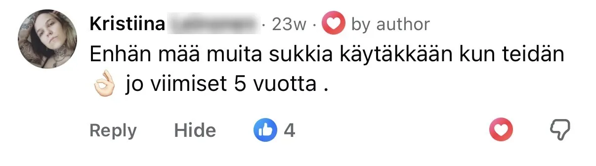 Kristiina: en muita sukkia käytä kuin teidän jo viimeiset 5 vuotta
