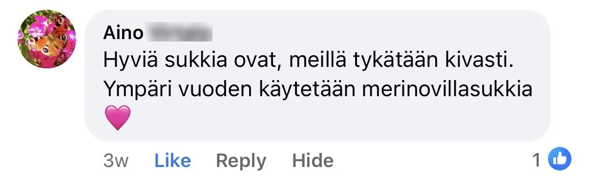 Aino: ympäri vuoden käytetään merinovillasukkia