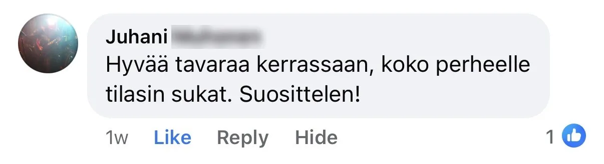 Juhani: koko perheelle tilasin sukat, suosittelen