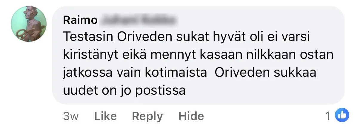 Raimo: varsi ei kiristänyt eikä mennyt kasaan, ostan jatkossa vain Oriveden sukkaa