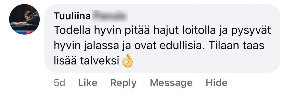 Tuuliina: pitää hajut loitolla ja pysyvät hyvin jalassa